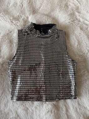 AKIRA Silver Sequin Mock Neck Crop Top